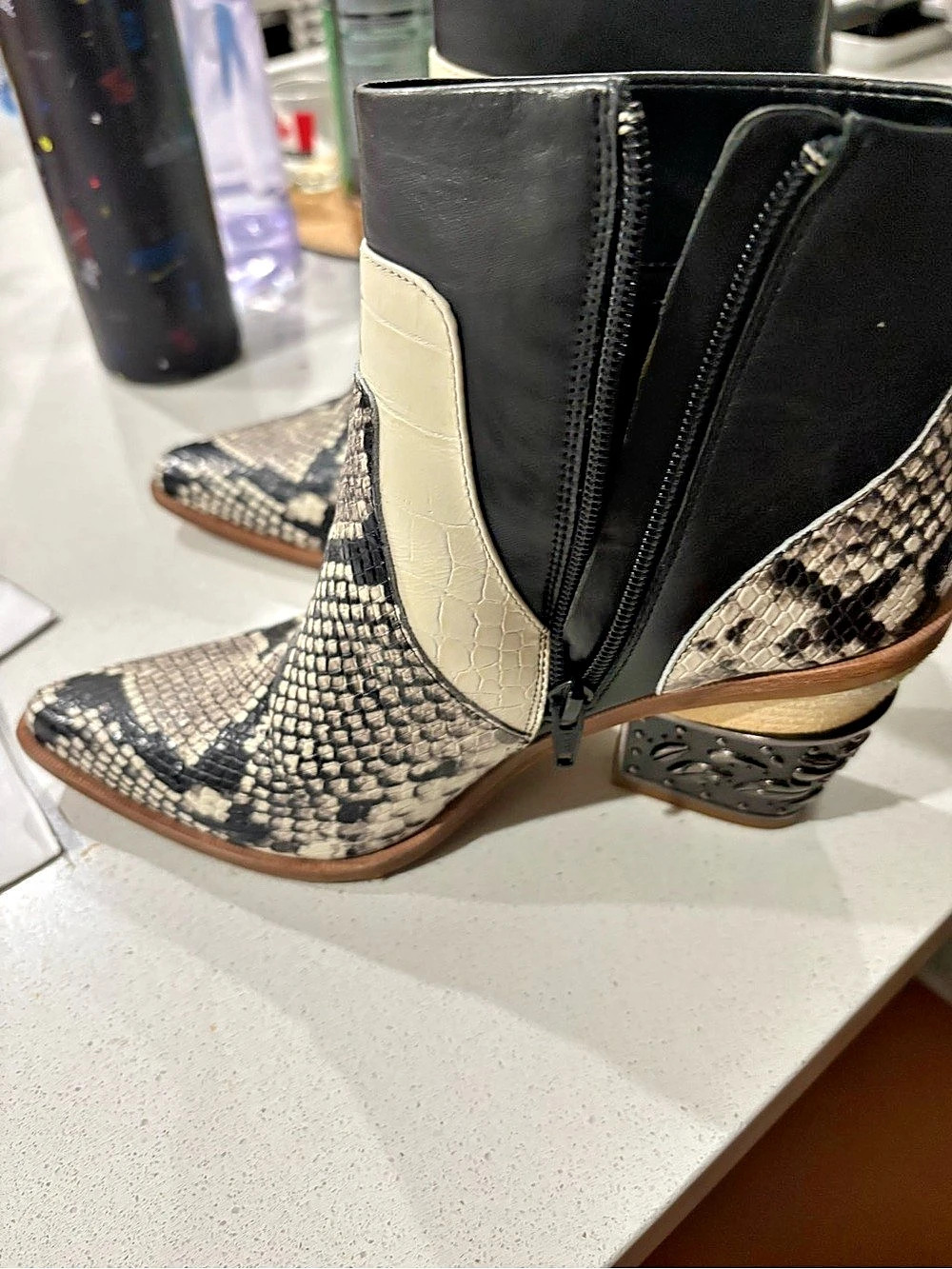 Gianni Bini Snake Print Ankle Boots Black & White